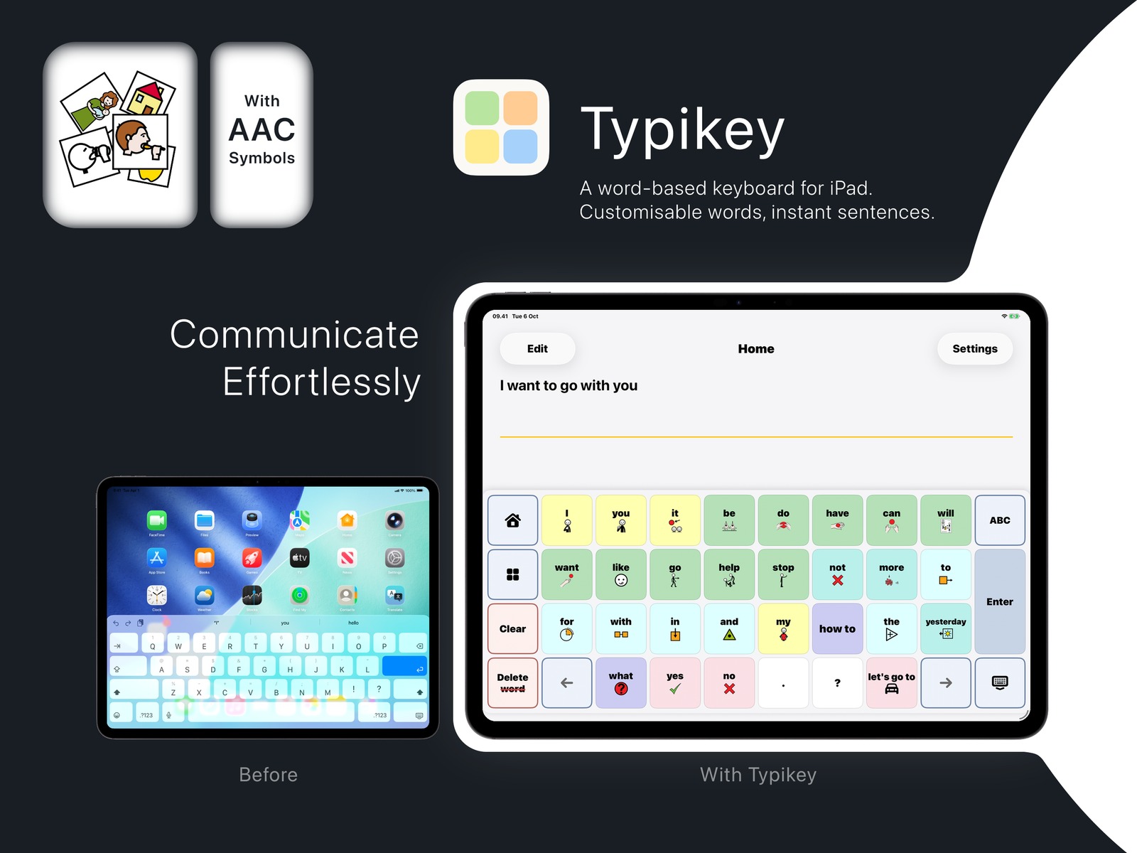 Before and with Typikey: a standard iPad keyboard beside large coloured word keys with AAC symbols